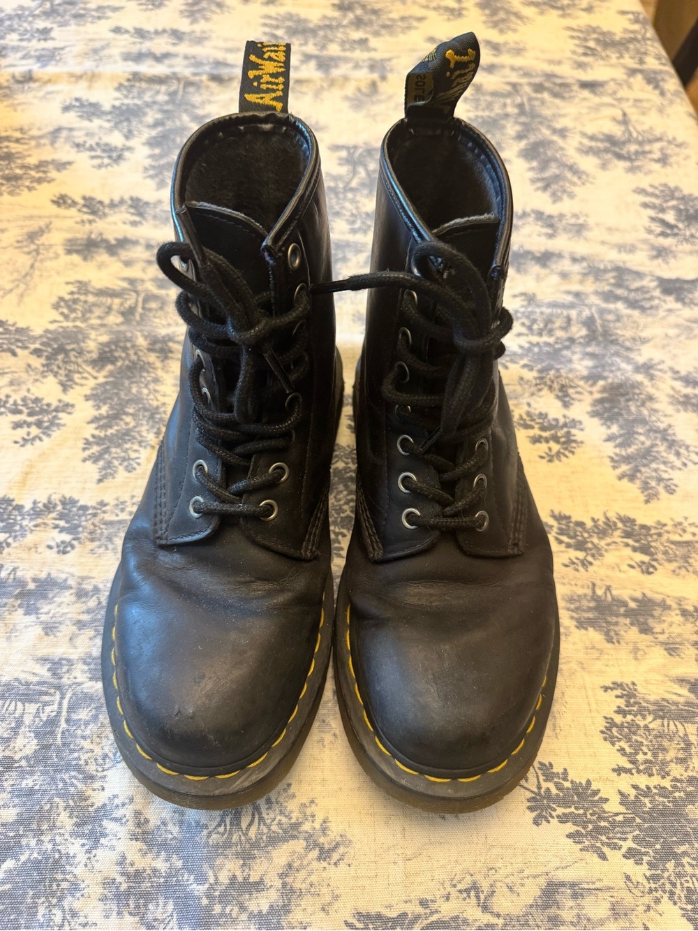 Dr. Martens Black Leather Lace-Up Boots with Yellow Stitching